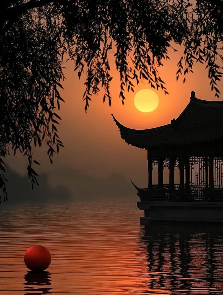 The image depicts a serene sunset scene with a silhouette of a traditional Chinese pavilion on a tranquil lake. The sun, a large orange orb, is partially hidden behind the silhouette of a weeping willow tree, casting long shadows across the water. The water reflects the golden hues of the setting sun, creating a peaceful and ethereal ambiance. A lone red ball floats in the foreground, adding a touch of mystery to the composition. The image evokes a sense of tranquility and the beauty of nature.