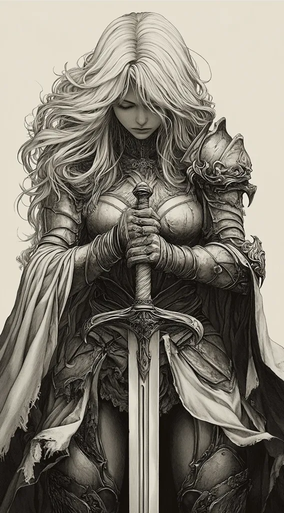 A woman in full plate armor, with long flowing hair, holds a sword in front of her. Her head is bowed, and her expression is somber. She is dressed in a flowing robe, and her armor is intricately detailed. The image is rendered in grayscale, giving it a dramatic and atmospheric feel.