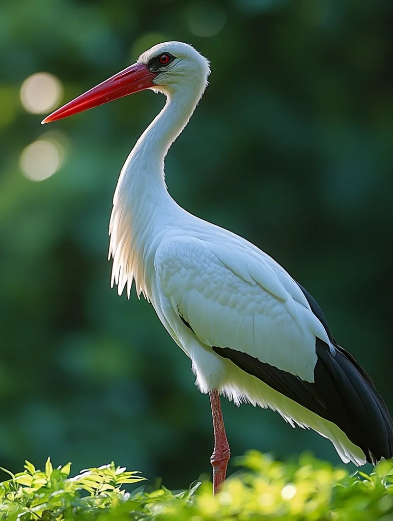 A white stork with a long red beak stands in a lush green meadow. Its white feathers are accented by black wingtips. The bird's head is tilted slightly, as if listening intently. The background is a blurred green, suggesting a natural habitat. The overall image captures a moment of tranquility and elegance in the natural world.