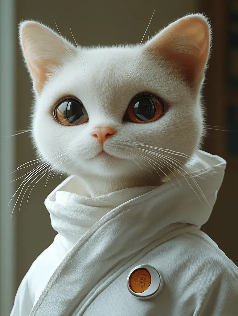 A white cat with large, round, orange-rimmed eyes is wearing a white, collared jacket with a circular badge on the front. The cat has a serious expression and looks directly at the viewer. The background is blurred, with a soft, neutral color. The cat's fur is meticulously detailed, giving it a realistic and almost lifelike appearance.  The image evokes a sense of curiosity and intrigue.