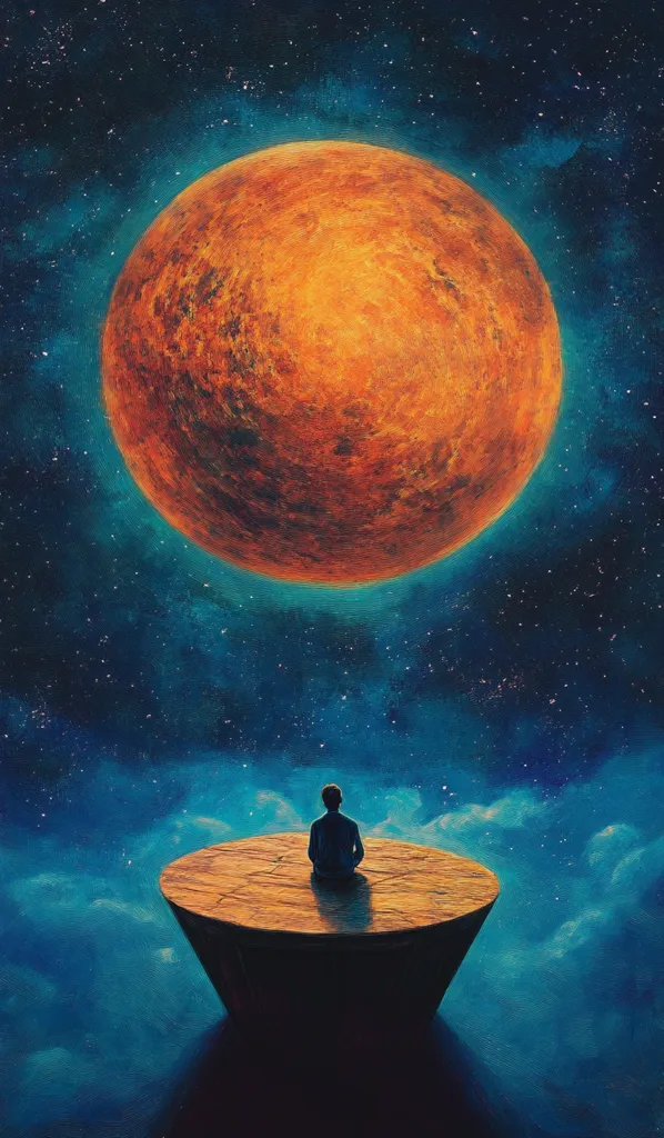 The image depicts a lone figure sitting on a circular platform in a vast, starry expanse. A large, orange planet dominates the upper half of the composition, casting a warm glow over the scene. The figure's silhouette is small against the expansive backdrop, creating a sense of isolation and wonder. The painting evokes a feeling of contemplation and the insignificance of human existence against the immensity of space.