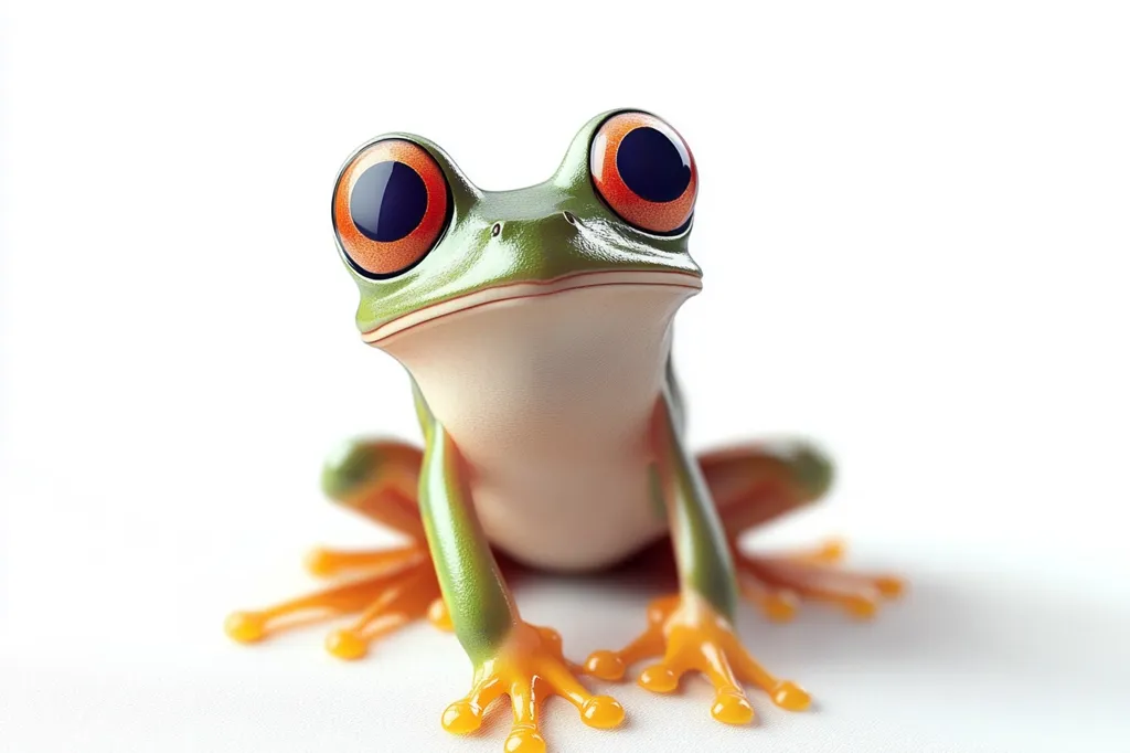 A green tree frog with orange and black eyes sits on a white surface.  Its large, round eyes stare directly at the camera with an expression of curiosity. The frog's bright green skin and orange toes contrast sharply with the white background.