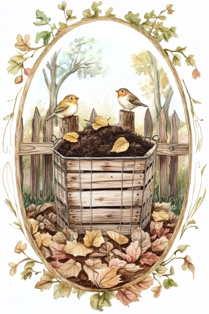 The image depicts a compost bin with two robins perched on a wooden fence. The compost bin is made of wood with wire mesh sides and is filled with brown compost. The robins are brown, white, and orange, with black eyes.  A  wooden fence surrounds the bin, and there are  brown and green leaves scattered around the base of the bin. The image is framed with a vine of green leaves. The image has a whimsical, nature-inspired style.
