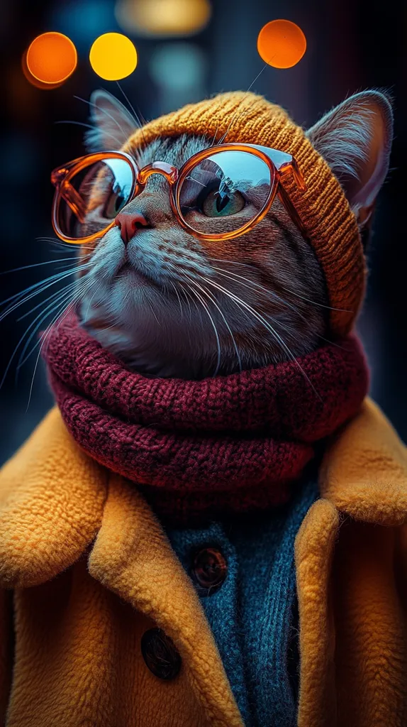 The image features a close-up of a cat wearing a yellow coat, a red scarf, a brown beanie and round glasses. The cat's eyes are looking up towards the left of the image, as are its white whiskers. The cat is situated against a blurry background of orange lights and dark blues. The image emphasizes the cat's adorable appearance with its stylish clothing.
