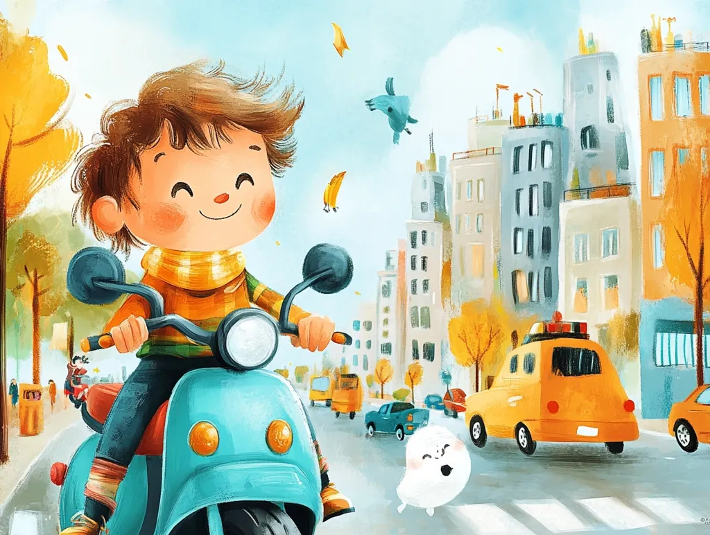 A cheerful boy with brown hair and a big smile is riding a turquoise scooter down a city street. There are tall buildings on either side of him and a yellow taxi driving in front of him. A white fluffy creature with a smiling face is chasing after the scooter. The sky is blue with hints of white clouds and the sun is shining. The scene is filled with playful energy and a sense of joy.