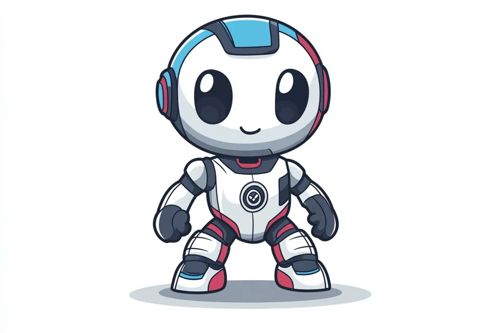 The image depicts a cartoon robot with a white, blue, and red body. It has large, black eyes and a friendly expression. The robot has a circular head with antennae and a small, black circle on its chest. It's standing with its legs slightly apart and its arms bent at the elbows. The background is a simple white space. The overall style of the image is playful and whimsical.