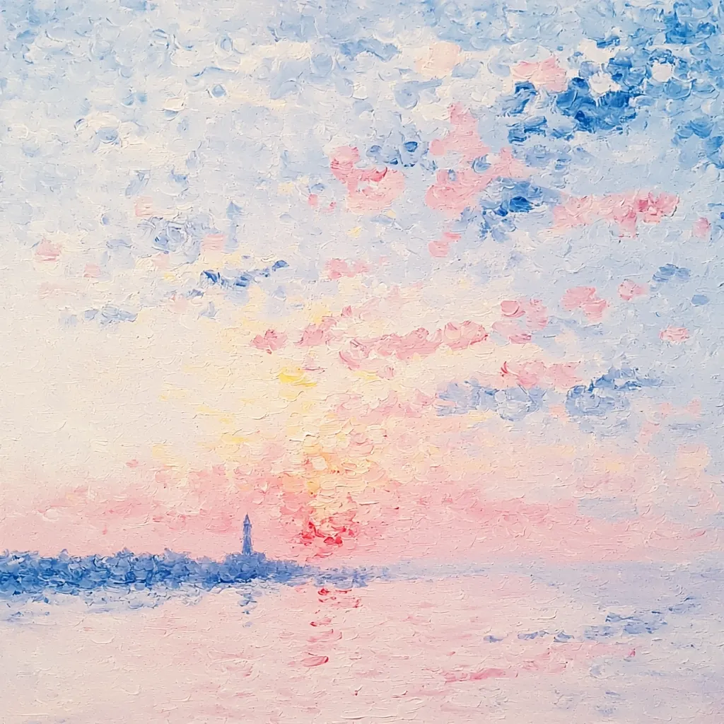 A painting of a seascape with a tall, slender lighthouse in the distance. The sky is painted in soft shades of blue, pink, and yellow, with fluffy clouds. The water is a pale blue, reflecting the colors of the sky. The painting captures the peaceful beauty of a serene sunset over the ocean.  It has a soft, dreamy quality, with a focus on color and texture. The use of thick brushstrokes adds a sense of movement and depth to the painting.