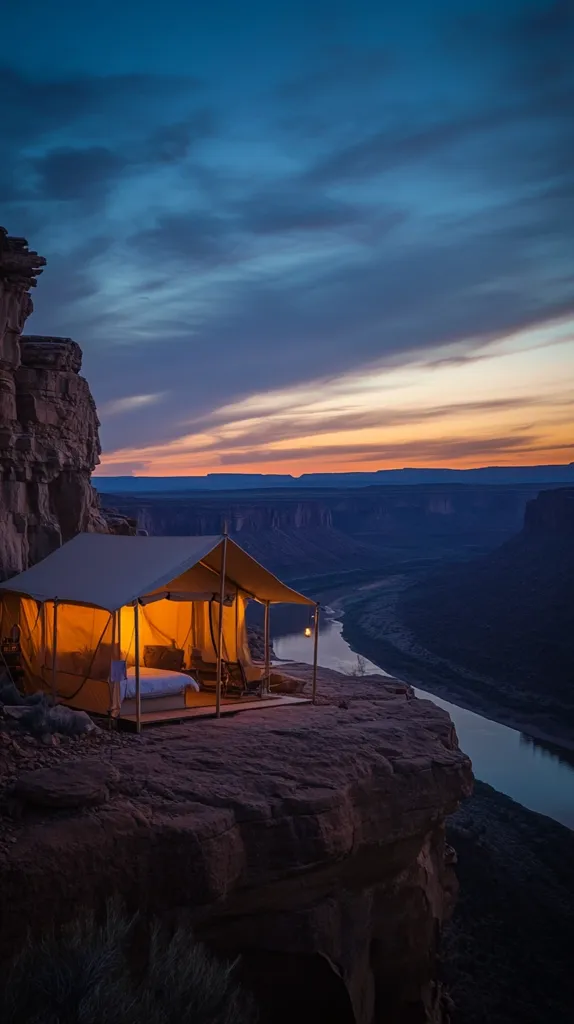 A large canvas tent sits on the edge of a cliff overlooking a deep canyon.  The tent is lit from within, casting a warm glow against the dark cliffs.  A river winds its way through the canyon below, and a beautiful twilight sky fills the background.  The image captures a sense of peace and solitude in a wild and remote setting.