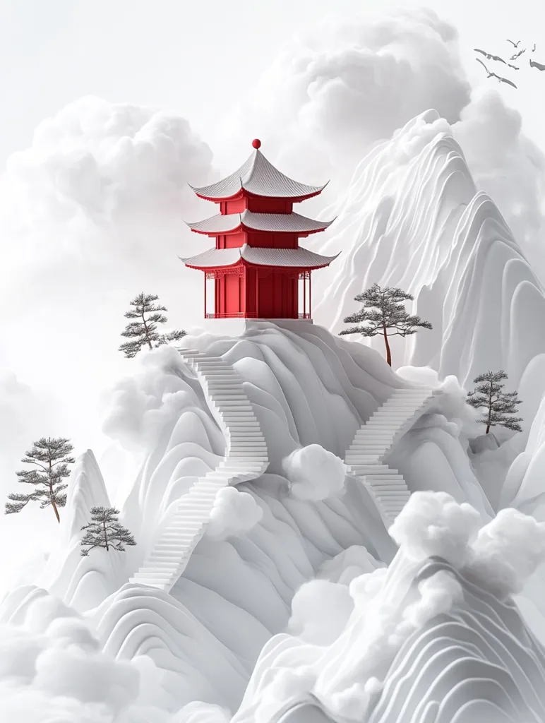 A red pagoda sits atop a white, cloud-like mountain. The mountain is surrounded by fluffy clouds and other smaller peaks. Two staircases lead up to the pagoda, winding their way through the peaks. Small, dark green trees dot the landscape, adding a touch of color and grounding the scene. The image evokes a sense of serenity and peace, suggesting a journey to a mystical place.