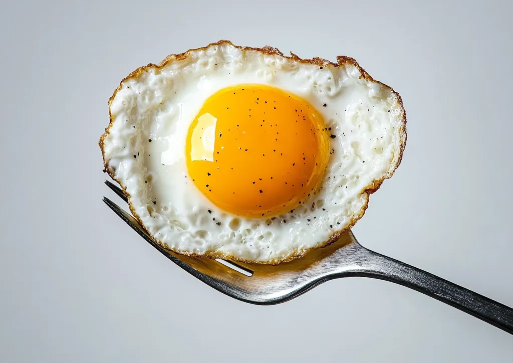 A perfectly cooked fried egg with a runny yolk sits on a fork. The egg is surrounded by a white ring with a crispy, golden-brown edge.  The yolk is speckled with black pepper, adding a touch of flavor and visual interest. The simple yet satisfying image captures the essence of a classic breakfast staple.