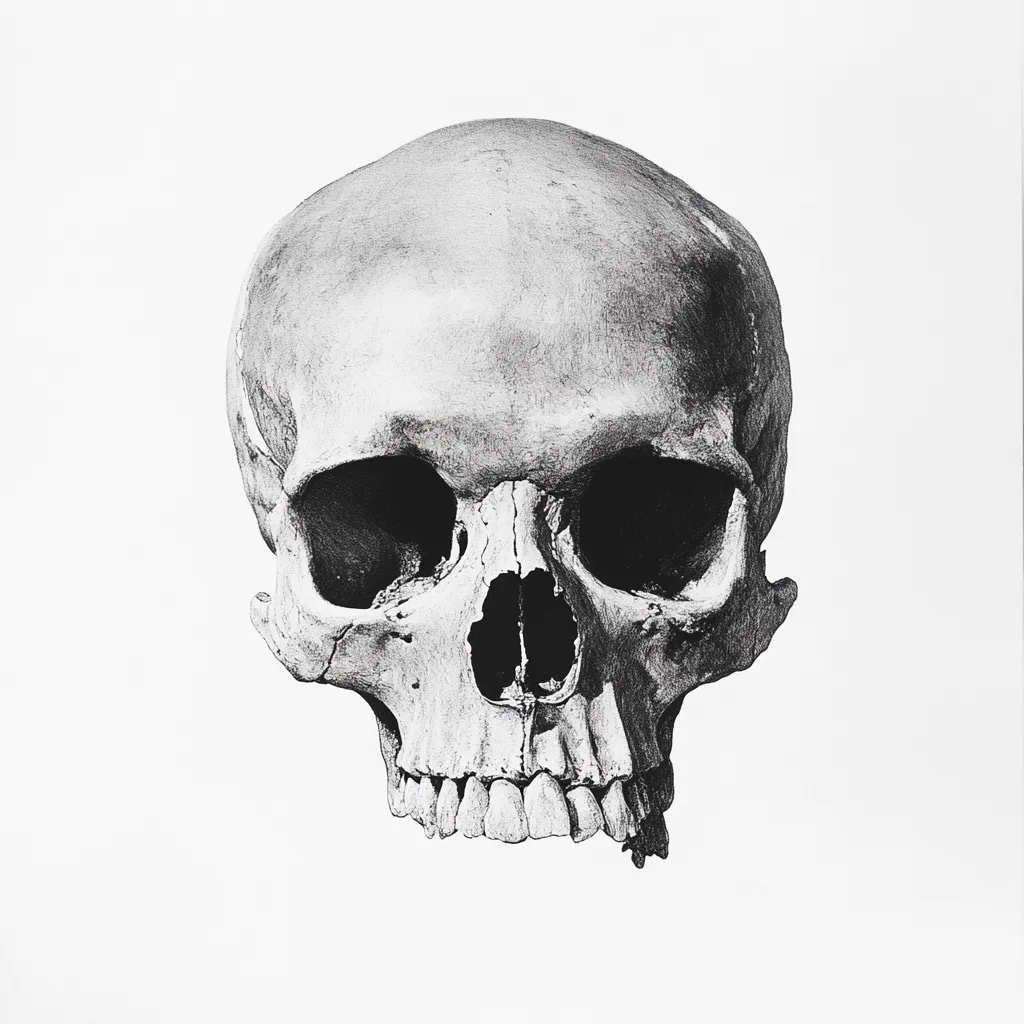 The image is a black and white illustration of a human skull. The skull is facing forward and is drawn with great detail. The skull is isolated against a white background. It is a realistic depiction of a human skull.