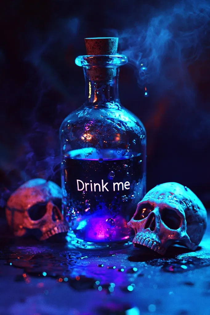 A glass bottle with a cork stopper sits on a dark surface illuminated by a blue and purple light.  The bottle is filled with a dark liquid, and the words "Drink me" are inscribed on its side.  Two white skulls, one to the left and one to the right of the bottle, also sit on the surface.  Smoke emanates from the bottle, creating an eerie, almost magical atmosphere.