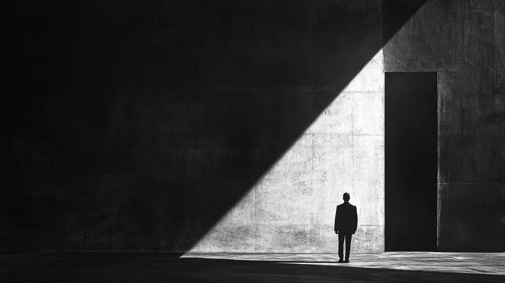 The image shows a man standing in a doorway, silhouetted against a bright light. The man is wearing a suit and is looking out of the doorway. The doorway is located on a concrete wall, and the man is standing in a dark space. The image is in black and white, and the contrast between the light and dark areas is very strong. The image is a metaphor for choice, and the man represents the individual who must decide whether to step into the light or stay in the darkness. The image is also a metaphor for hope, and the light represents the possibility of a better future.