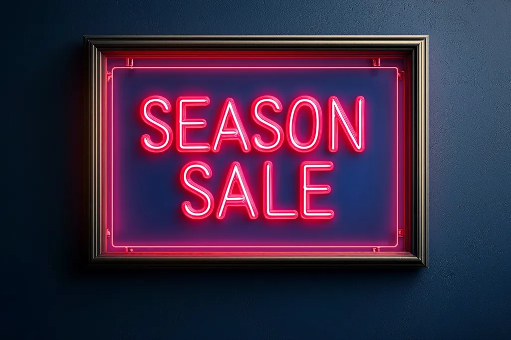 A neon sign with a gold frame reads "SEASON SALE" in bright pink neon letters. The sign is set against a dark blue wall. The image is lit from the front, highlighting the glow of the neon lettering. The sign evokes a sense of excitement and urgency, inviting customers to take advantage of the sale.