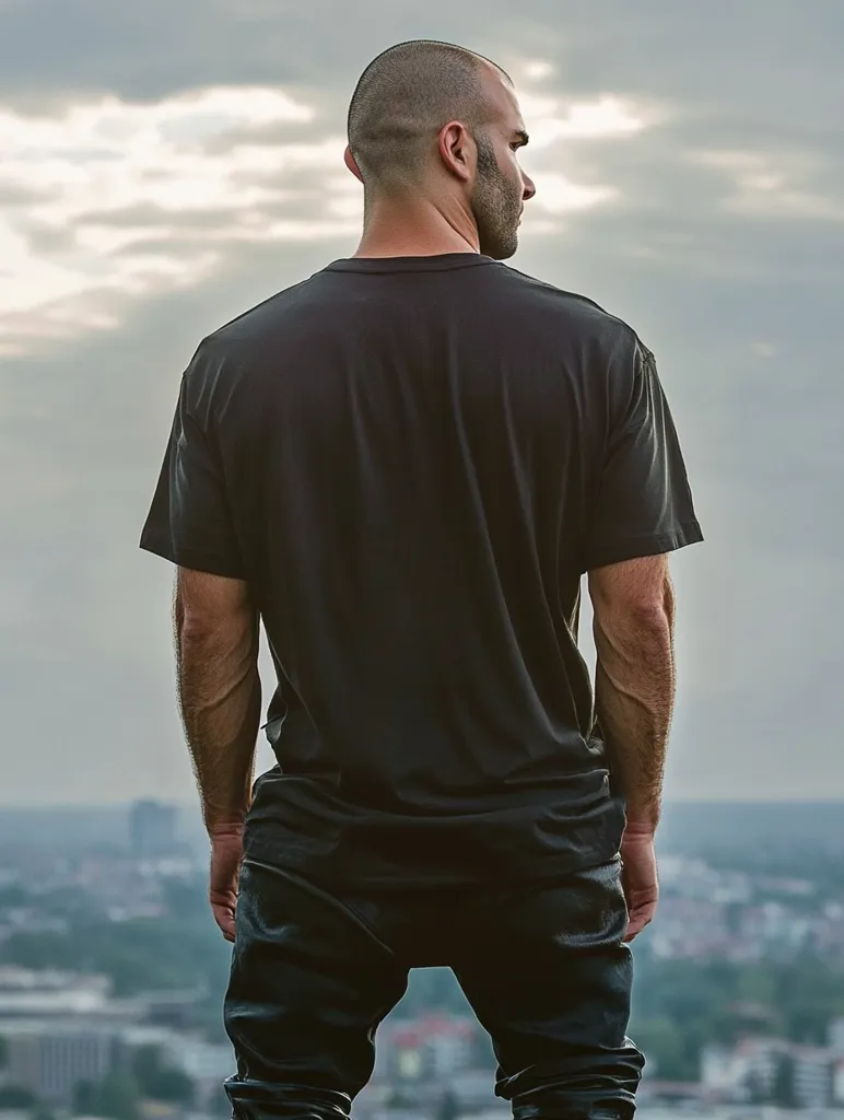 A man with a shaved head is standing with his back to the camera. He is wearing a black t-shirt and black pants. He is looking out over a city skyline, with a cloudy sky behind him. The city is blurred in the background, with the man in sharp focus. The image is a portrait of a man in contemplation, looking out over a vast cityscape.