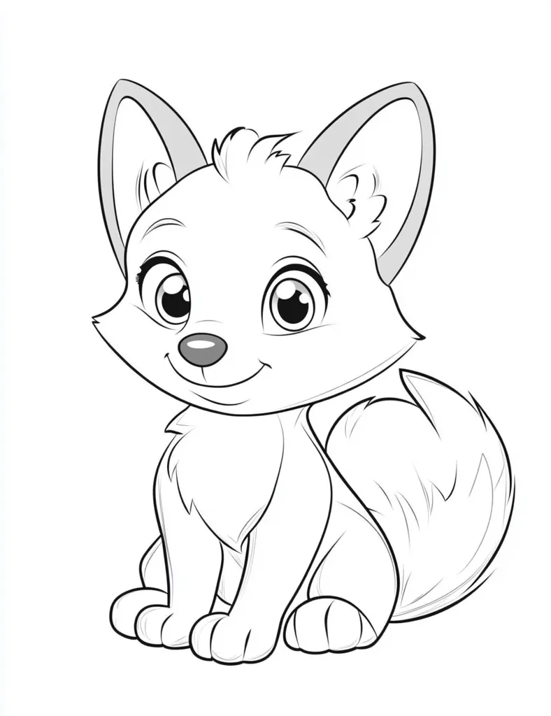 The image shows a cartoon drawing of a fox sitting with its tail curled around its legs. The fox has large eyes, a small nose, and a fluffy tail. It is drawn in a simple, child-like style, with black lines on a white background. The fox looks cute and friendly.