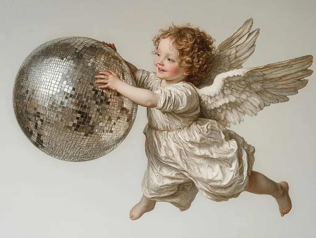 A cherubic angel, with large feathery wings, is holding a large, silver disco ball. The angel is dressed in a white, flowing gown and has a mischievous smile on its face. The background is a simple, off-white, which allows the angel and the disco ball to stand out. The image has a surreal quality, blending the innocence of an angel with the hedonistic connotations of a disco ball.