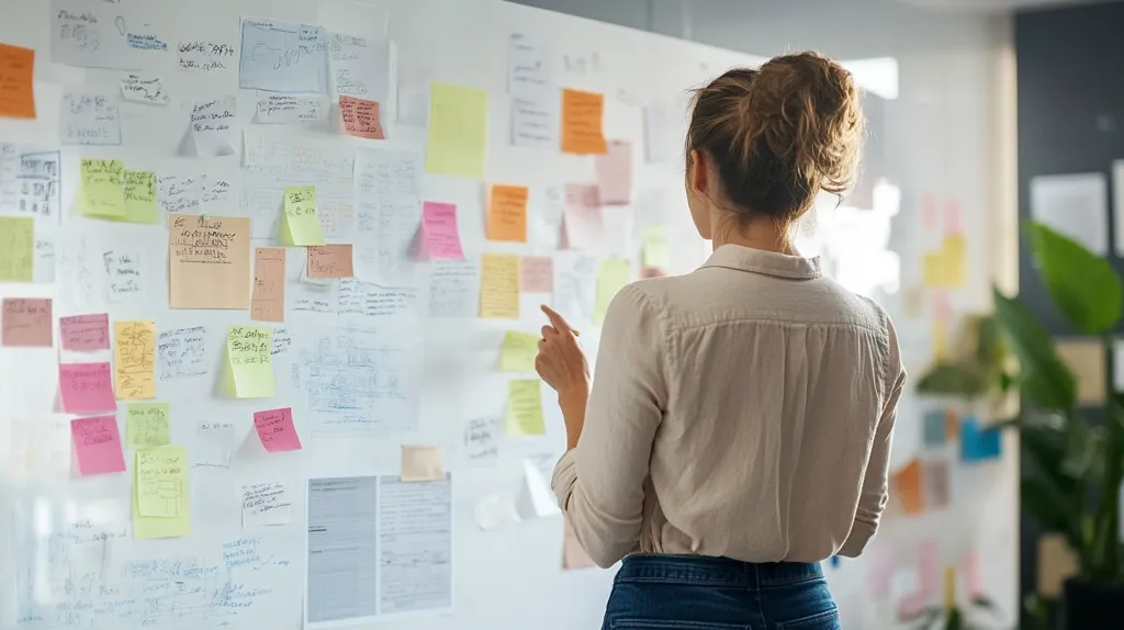 A woman stands in front of a whiteboard covered in notes and colorful sticky notes. She is wearing a light-colored button-down shirt and jeans. Her back is to the camera, and she is pointing at the board with her right hand. A plant is visible in the background. It appears she is reviewing or brainstorming ideas.