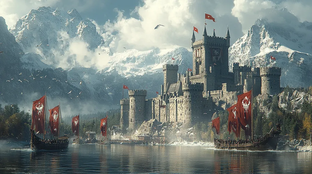 A majestic stone castle with red flags flying stands tall against a backdrop of snow-capped mountains. A fleet of wooden ships with red sails adorned with white symbols sail across a calm lake towards the castle. The scene is a picturesque depiction of a fortified kingdom,  with the castle dominating the landscape and the ships adding a touch of grandeur.  The setting evokes a sense of power, history, and adventure.
