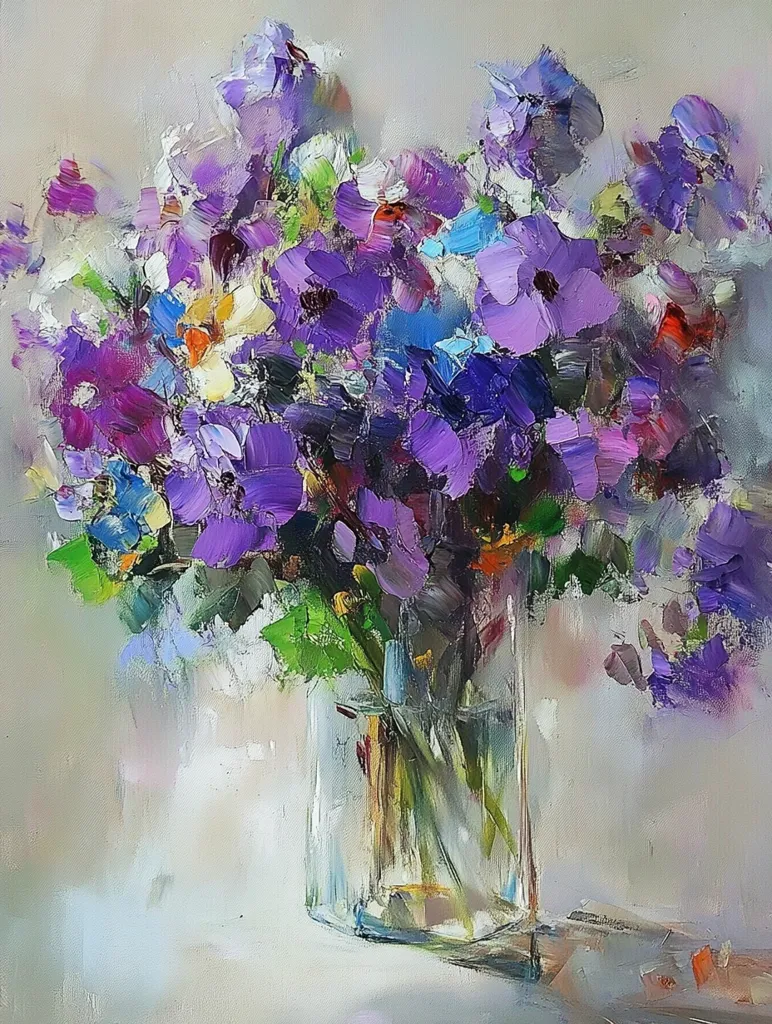 A vibrant oil painting depicts a bouquet of purple and white flowers arranged in a glass vase. The flowers are painted with thick brushstrokes, creating a textured effect. The background is a soft, muted grey, allowing the flowers to stand out. The painting is full of life and color, capturing the beauty of a simple floral arrangement.