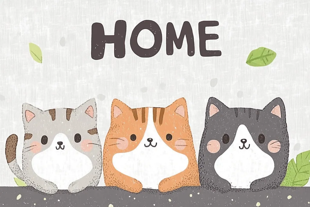 The image shows three cartoon cats sitting in a row. They are all looking at the viewer with big, cute eyes. The word "HOME" is written above them in large, black letters. The background is a light gray with some green leaves scattered around. The image is simple and heartwarming, conveying the idea of home being a place of comfort and love.