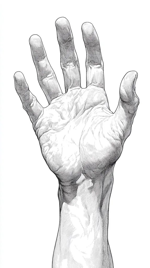 A detailed pen and ink drawing of a hand reaching up. The hand is depicted with great precision, showing every line and crease in the skin. The fingers are spread wide, as if reaching for something above. The drawing captures the delicate beauty of the human form.