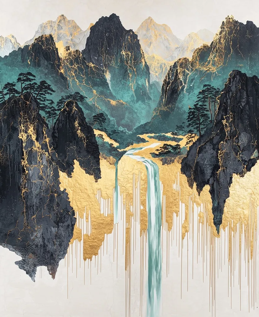 The painting depicts a majestic waterfall cascading down a cliff face. The waterfall is rendered in shades of blue and green, while the cliff is a dramatic black, accented with gold. The scene is set against a backdrop of distant mountains, painted in a soft blue and gold. The entire painting exudes a sense of tranquility and awe. The use of gold accents throughout adds a touch of luxury and refinement to the composition.  The painting's abstract elements further enhance its sense of serenity.