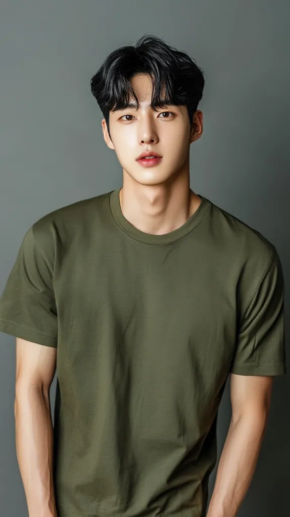 A young man with dark hair and a plain green t-shirt stands against a grey background. He is looking directly at the camera with a serious expression. His hair is styled in a modern way, with the sides swept back and the top slightly longer. The image has a simple and minimalist aesthetic.