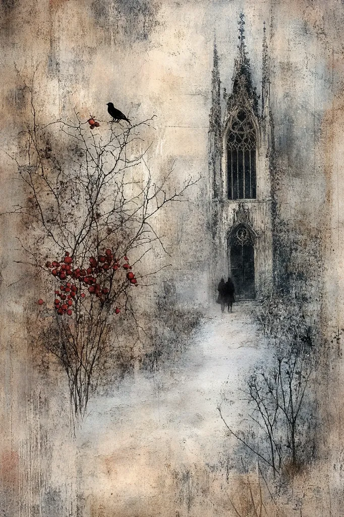 The image depicts a solitary gothic church with a tall, pointed window. A blackbird perches on a bare branch of a tree laden with red berries. Two figures walk toward the church on a path that leads through the snow-covered landscape. The image is painted in a muted palette, with a grainy texture that suggests a weathered or aged surface. The overall mood is somber and contemplative, evoking a sense of mystery and solitude.