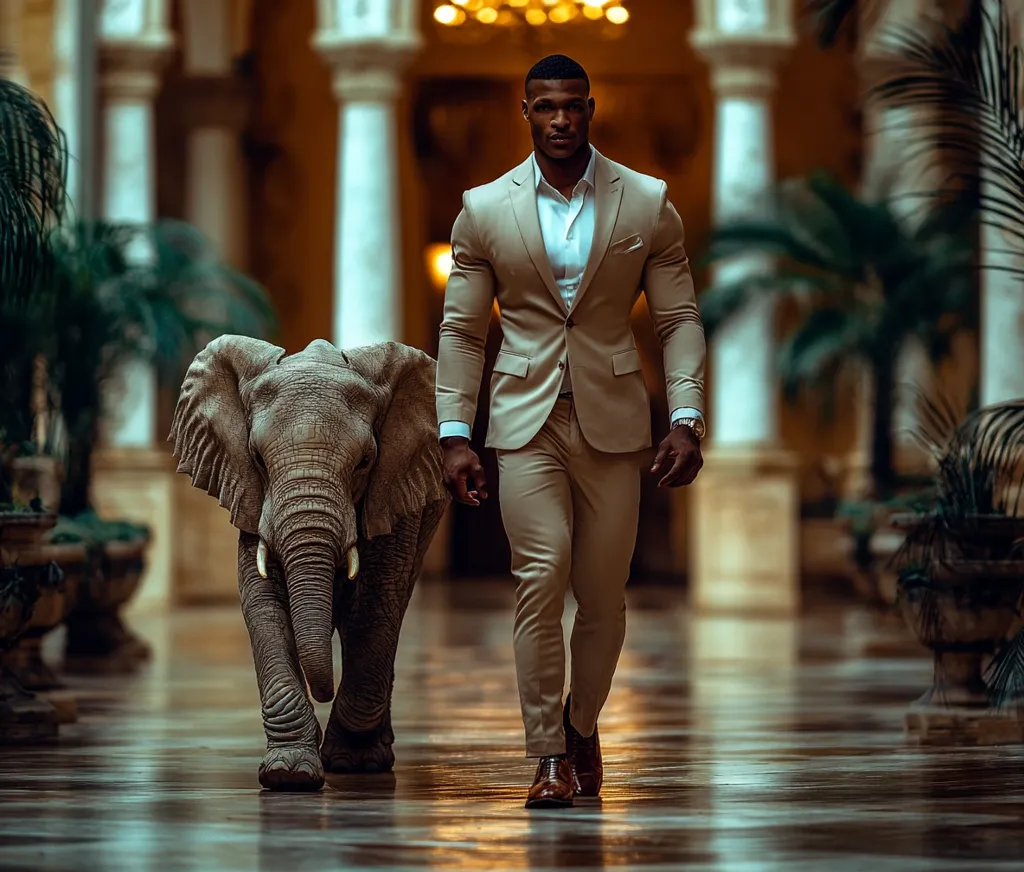 A well-dressed man in a tan suit walks confidently through a grand hallway, his gaze fixed ahead. He is accompanied by a young elephant, its trunk lowered as if in contemplation. The setting is a luxurious interior with ornate columns and lush greenery, hinting at a world where the extraordinary is commonplace. The image is a juxtaposition of elegance and wildness, creating a sense of intrigue and wonder.