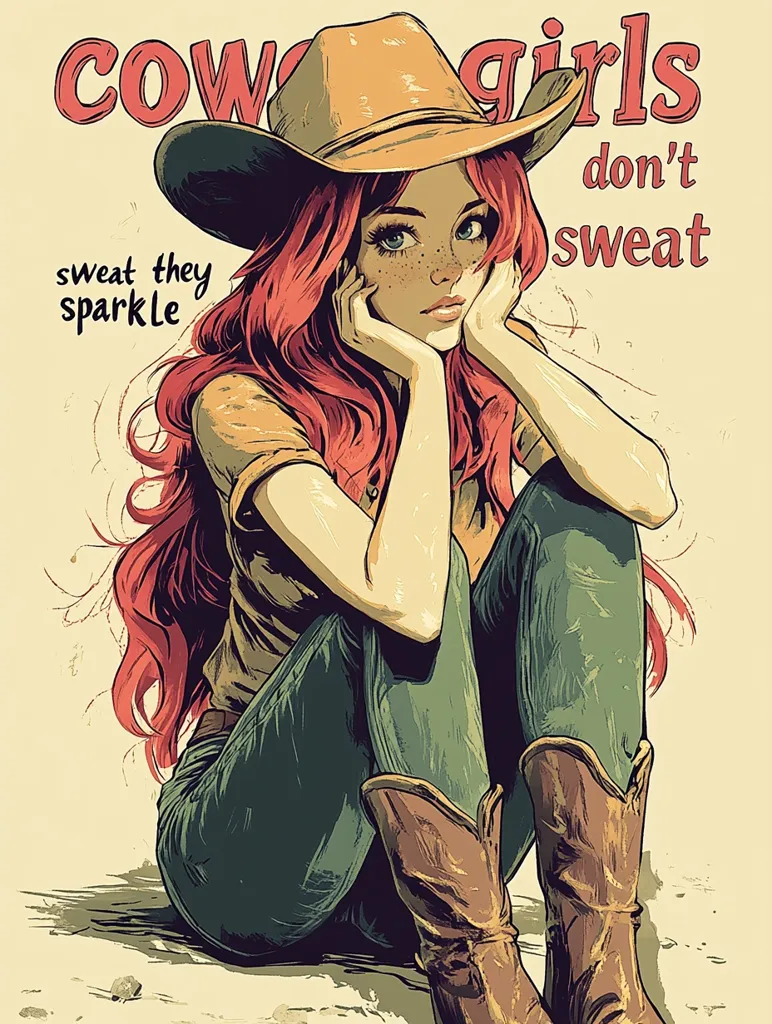 The image is a vintage-style illustration of a young woman with long red hair wearing a cowboy hat, jeans, and boots. She is sitting with her legs crossed and her hands resting on her knees. The background is a light beige color with the text "Cowgirls don't sweat they sparkle" in a retro font. The overall impression is of a confident and carefree woman.