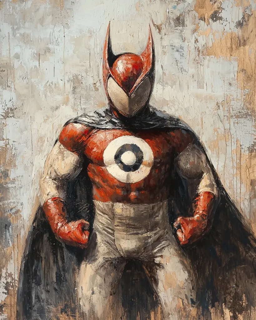 A superhero in a red and white costume stands in front of a textured background. The superhero wears a large cape, a mask with bat ears, and a large bullseye on his chest. The painting is done in a style that suggests oil paints and has a textured, rough appearance.  The superhero is looking forward with a determined expression.