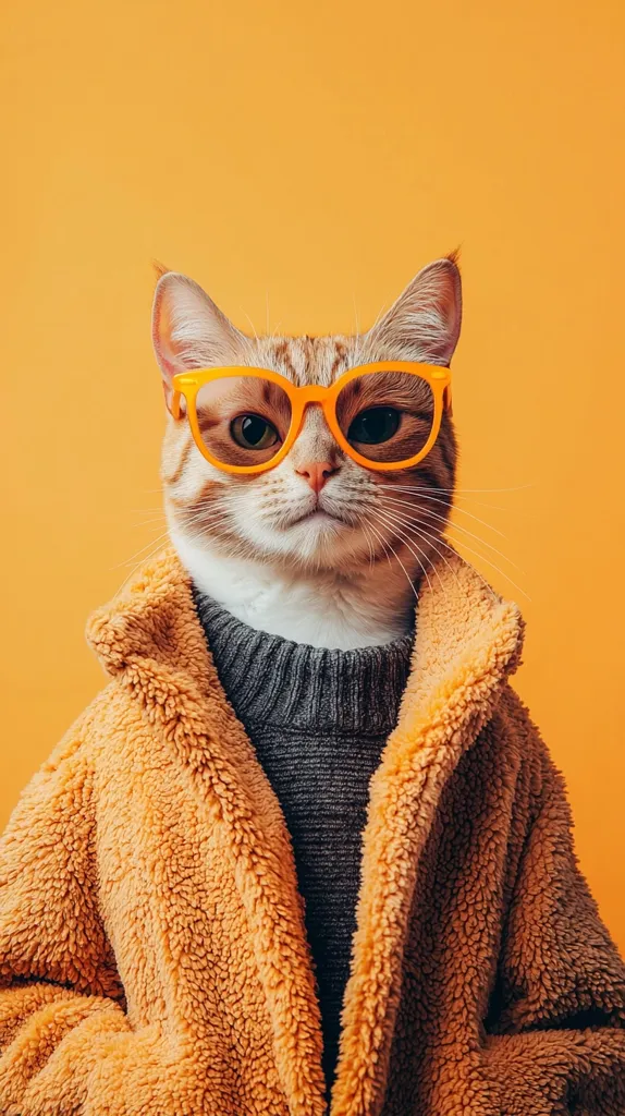 A cat wearing a fuzzy brown jacket and a grey turtleneck sweater is staring intensely at the camera. The cat has bright orange-yellow glasses resting on its nose. The background is a solid orange color. The cat appears to be dressed up for a fashion shoot.