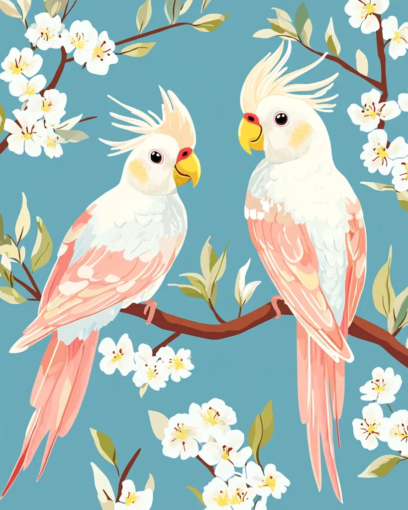 Two pink and white cockatiels perch on a branch of a flowering tree. The birds are facing each other with their beaks slightly open. The background is a light blue color, and the flowers are white with yellow centers. The scene is peaceful and serene.