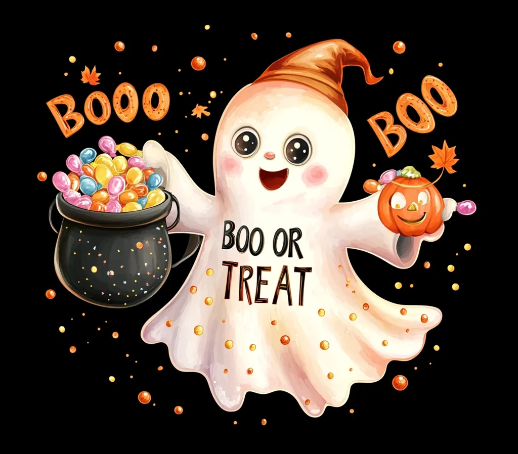 A friendly ghost with a big smile and a  pumpkin in its hand is holding a cauldron full of colorful candy. The ghost has an orange hat and is wearing a white sheet with the words "BOO OR TREAT" written on it. The background is black with orange and yellow dots.