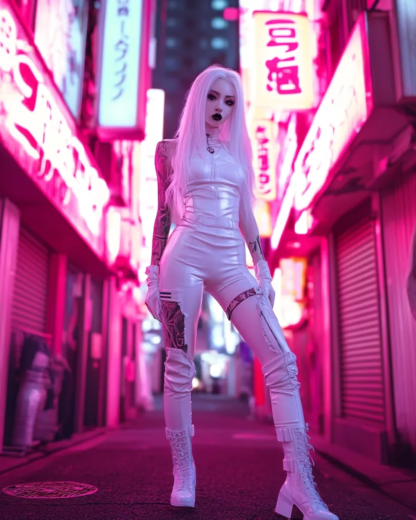 A woman with long white hair and a white leather outfit stands in an alleyway lined with glowing pink neon signs. She wears thigh-high boots and gloves, and has dark makeup. The vibrant pink light casts a dramatic glow on her. The signs are in Japanese, adding to the urban and futuristic aesthetic.  The image suggests a cyberpunk or dystopian setting.