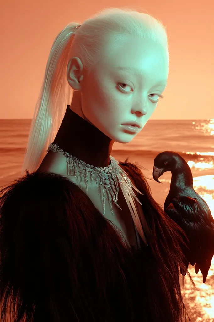 A young woman with long white hair pulled back in a ponytail,  wears a black fur coat and an elaborate crystal necklace.  Her skin is pale and her expression is serious. She is holding a black bird on her shoulder. The background is a hazy orange sunset over the ocean.