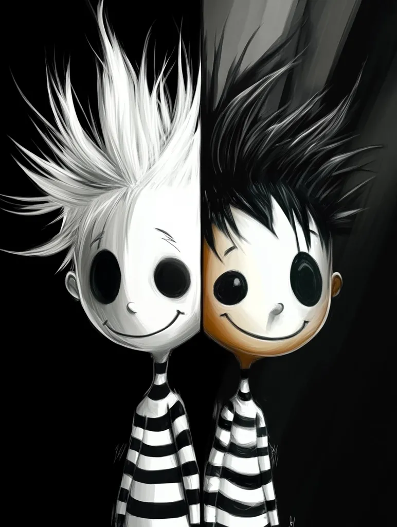 The image depicts two cartoon figures, side by side, who share the same body but have opposite personalities. The figure on the left has white hair and pale skin, representing innocence and light, while the figure on the right has black hair and tanned skin, representing darkness and evil. Both figures are wearing black and white striped shirts, symbolizing their shared existence. The image creates a strong contrast between light and dark, good and evil. The figures' happy expressions add a layer of irony to the message. The overall tone is playful and thought-provoking.