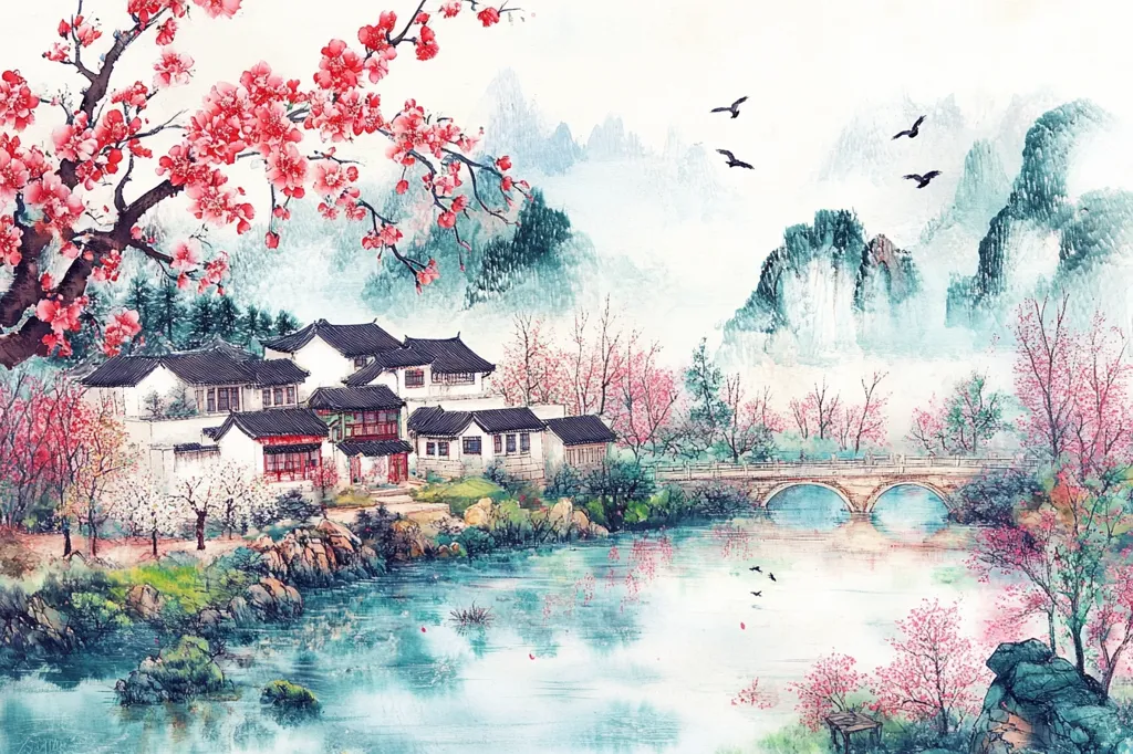 A serene watercolor painting depicts a tranquil village nestled amidst a picturesque landscape. Delicate pink cherry blossoms cascade from a tree in the foreground, while a winding river flows past a charming stone bridge. Lush green trees line the riverbanks, and distant misty mountains create a sense of depth and tranquility. The village features whitewashed houses with tiled roofs, hinting at a peaceful and idyllic lifestyle. The overall impression is one of serenity and beauty.