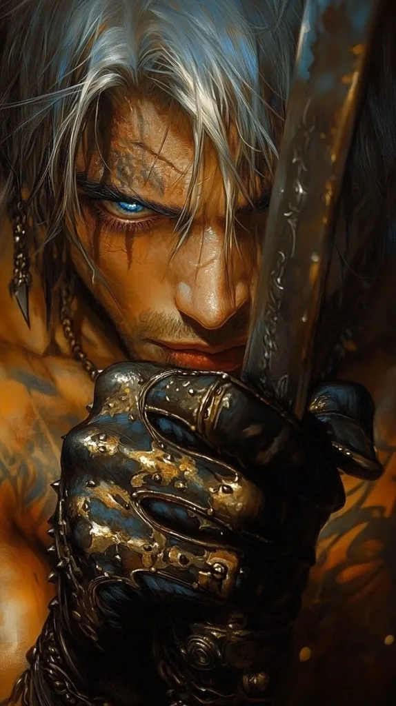 A close-up portrait of a warrior with long, silver hair, piercing blue eyes, and a determined expression. He is holding a sword in his gloved hand, the intricate details of the metalwork catching the light. His face is marked with scars and dirt, suggesting a life of hardship and battle. The warrior's gaze is focused and intense, hinting at his unwavering resolve.