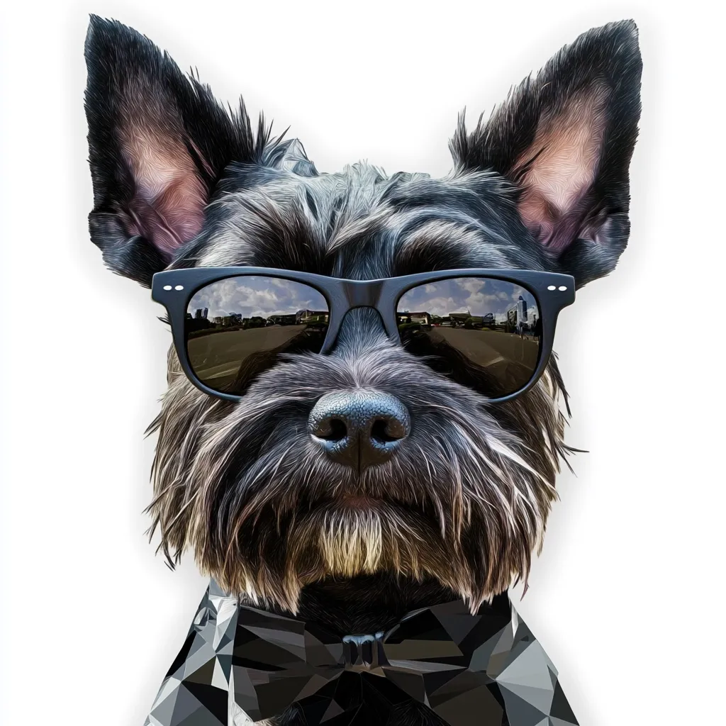 A black dog with a serious expression is wearing a pair of black sunglasses and a black bow tie. The dog's fur is shaggy and its eyes are hidden behind the dark glasses. The reflection in the sunglasses shows a city scene. The dog is looking directly at the viewer. The image is in a cartoon style.