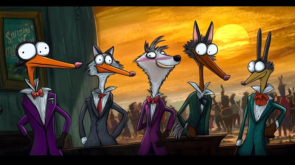 Four anthropomorphic animals, dressed in formal attire and bow ties, stand against a backdrop of a sunset and a crowd of people. They appear to be in a bar or restaurant, with a wooden counter in front of them. The animal on the left is a bird with orange feathers and large eyes, the next two are foxes with white and gray fur, and the last one is a rabbit with brown fur. They all have comical expressions on their faces and appear to be looking at each other. The overall scene is humorous and whimsical.