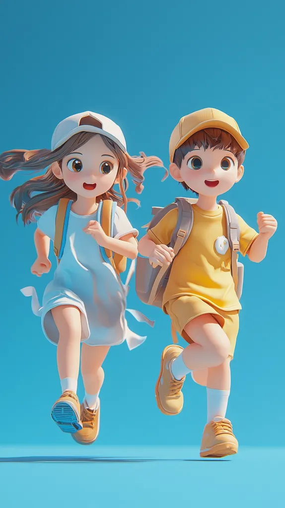Two cartoon children, a girl in a white dress and a boy in a yellow shirt, are running with big smiles on their faces. The girl has long brown hair and wears a white cap. The boy wears a yellow cap. They both have backpacks and are running on a light blue background. They look excited and full of energy.