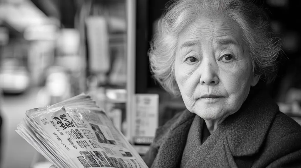 The image is a black and white portrait of an elderly woman. She has short, gray hair and is wearing a jacket. She is looking directly at the camera with a serious expression. She is holding a newspaper in her left hand. The background is blurred. The image is likely taken in an urban environment. The woman appears to be in her 70s or 80s. The photo is taken in a candid style, capturing a moment of reflection.