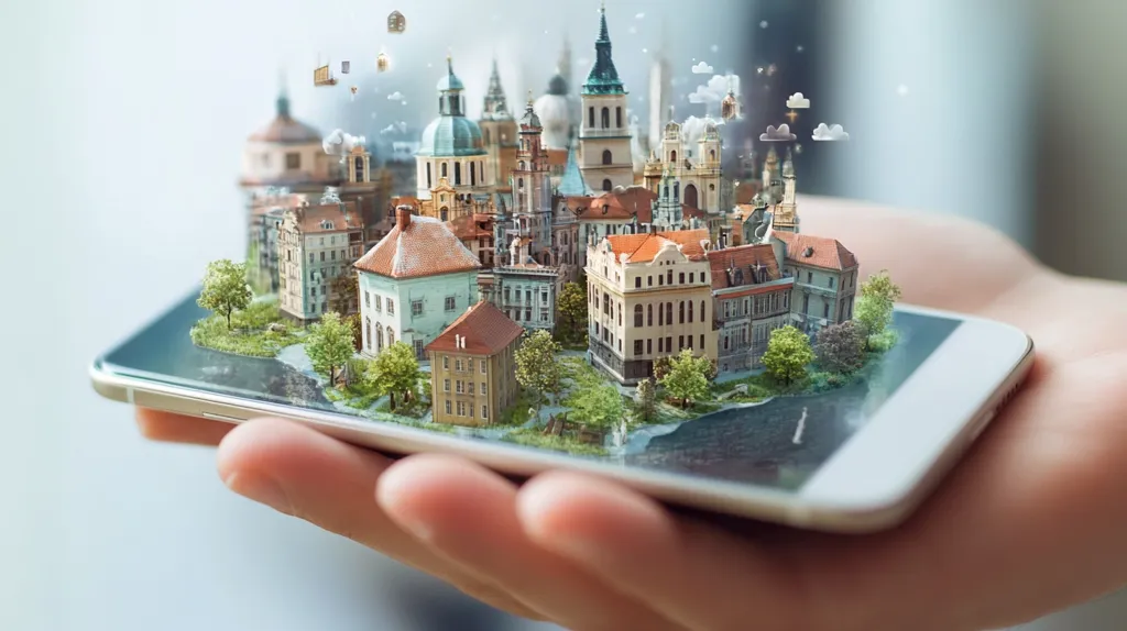 A hand holds a smartphone with a miniature cityscape emerging from the screen. The city is made up of colorful buildings, green trees and a river. The scene is surrounded by a hazy, dream-like effect, creating an illusion of a virtual world. The image depicts the concept of augmented reality and its potential to enhance our experiences.