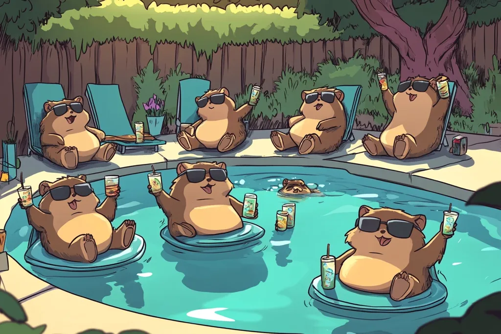 The illustration shows a group of cartoon bears enjoying a relaxing day by the pool. Some are lounging on chairs while others float in the water, all with sunglasses and drinks in hand. The scene is lighthearted and fun, with a tropical vibe. The bears look carefree and content, enjoying the summer weather.