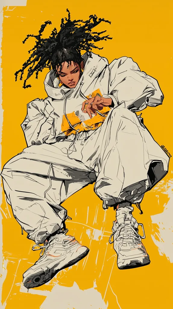 A young woman with long, black, curly hair is sitting with her legs stretched out in front of her. She is wearing a white hoodie and matching pants, both of which are styled in a casual, baggy manner. She is wearing white sneakers with black accents. The woman's expression is serious, and her gaze is directed downward. The background is a bright, solid yellow, providing a stark contrast to the woman's clothing and hair.