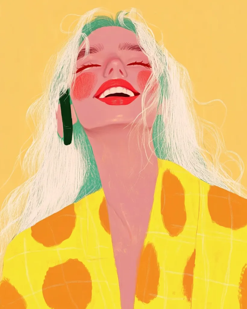 The image is a digital illustration of a woman with long white hair and green highlights. She is wearing a yellow and orange patterned shirt and has her eyes closed and mouth open in a joyful expression. Her cheeks are flushed and she appears to be laughing. The background is a solid yellow color. The image is brightly colored and has a cheerful and carefree tone.
