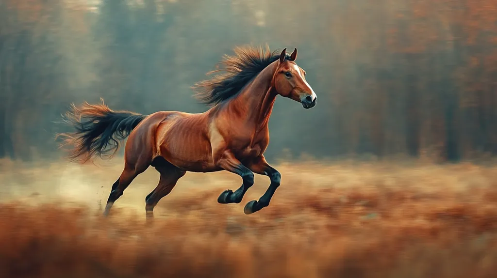 A chestnut horse with a flowing black mane and tail runs through a field of tall grass. The horse's legs are blurred as it gallops forward, with the background blurred into a soft, golden hue. The horse's head is turned slightly towards the viewer, its eyes focused on the path ahead.  Sunlight illuminates the scene, creating a sense of motion and freedom.