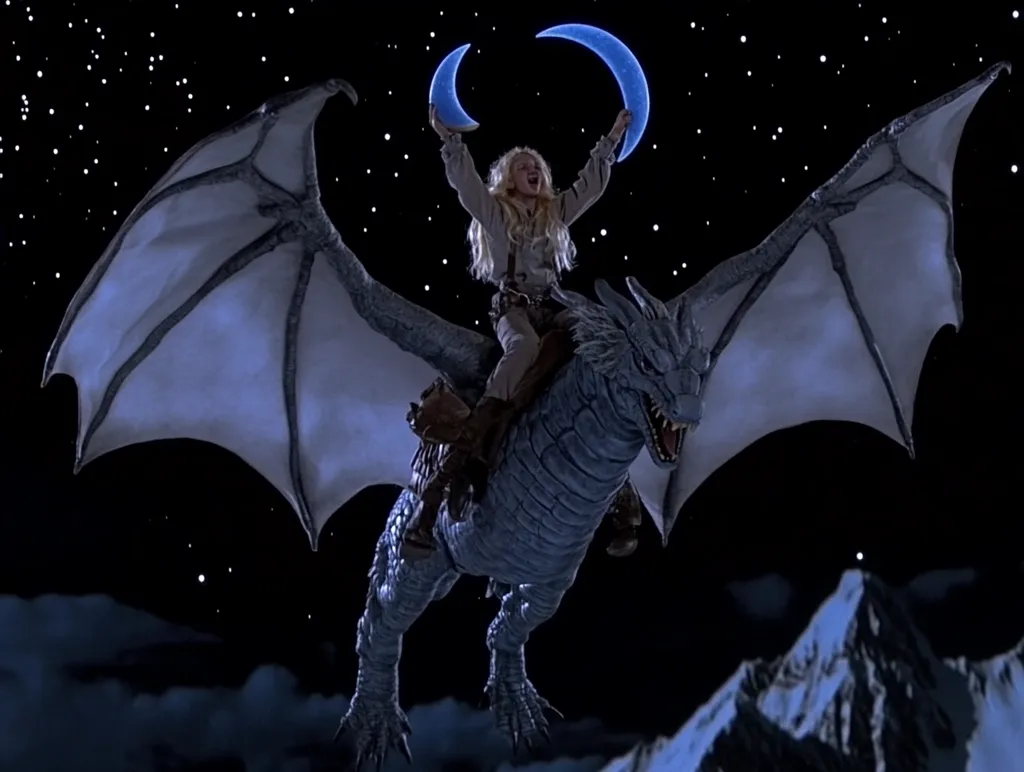A young woman rides a large, gray dragon with leathery wings against a starry night sky. She holds a blue crescent moon in each hand. The dragon's mouth is open and its eyes are bright. In the distance, snow-covered mountains are visible. The scene evokes a sense of fantasy and adventure.